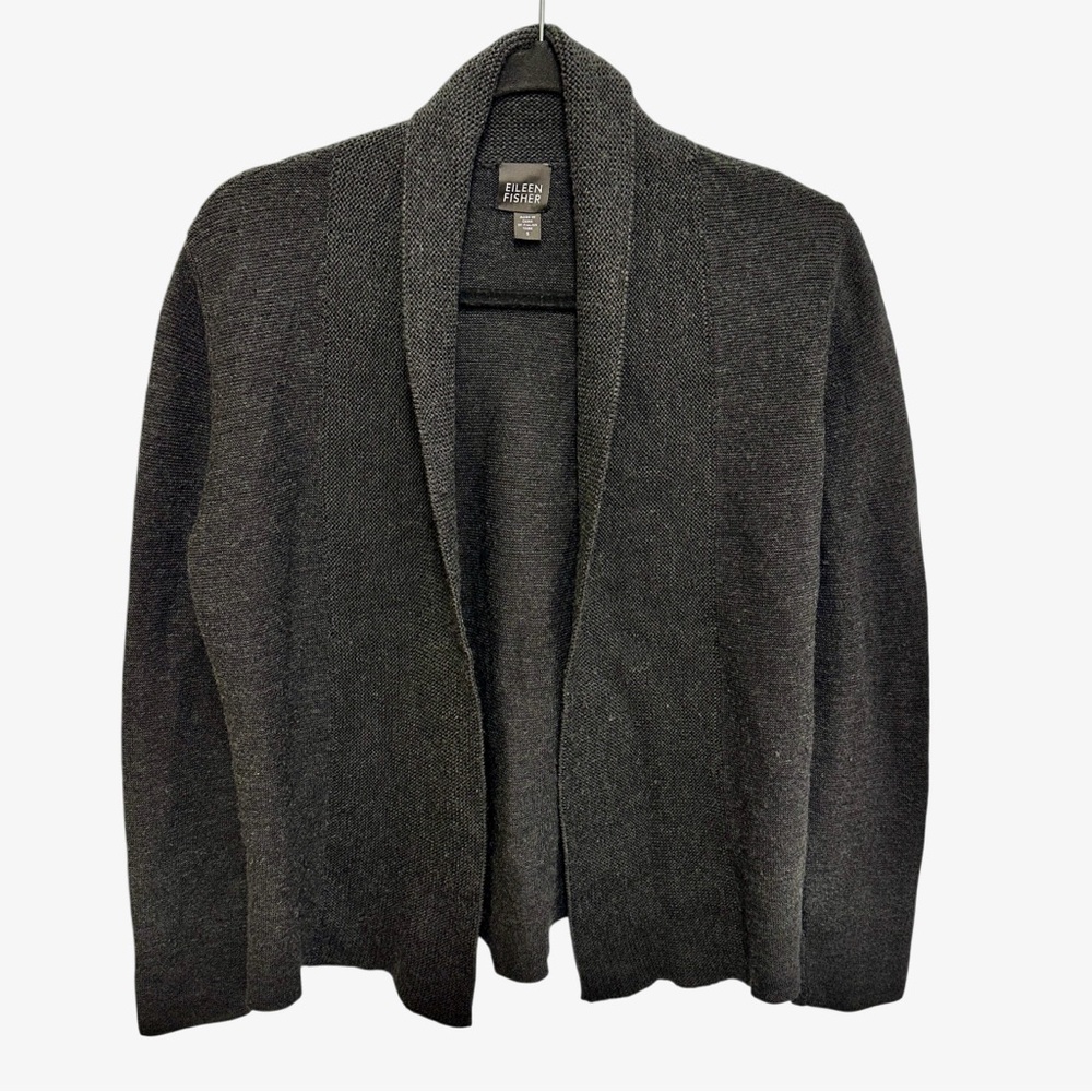 Eileen Fisher 100% merino wool charcoal gray open front cardigan sweater Size S